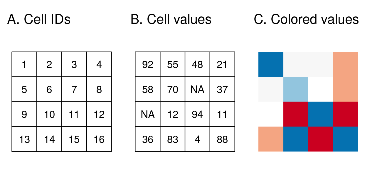 Raster data types: (A) cell IDs, (B) cell values, (C) a colored raster map.