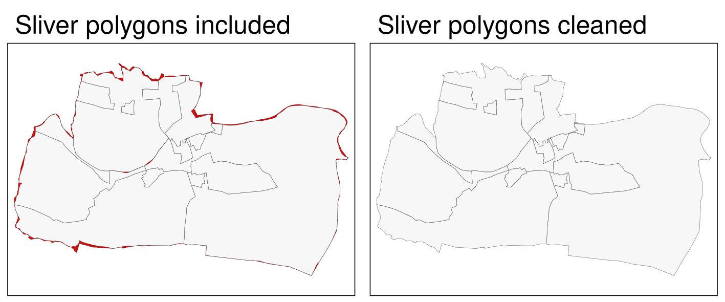 Sliver polygons colored in red (left panel). Cleaned polygons (right panel).