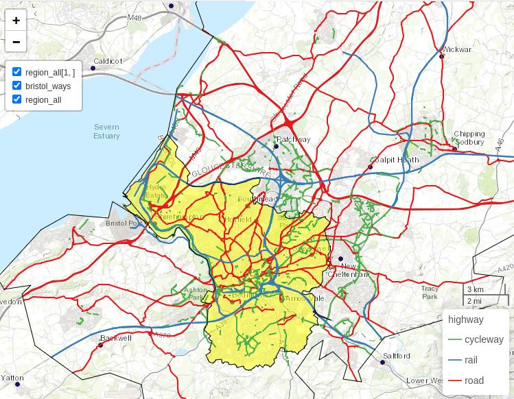 Bristol's transport network represented by colored lines for active (green), public (railways, black) and private motor (red) modes of travel. Black border lines represent the inner city boundary (highlighted in yellow) and the larger Travel To Work Area (TTWA).