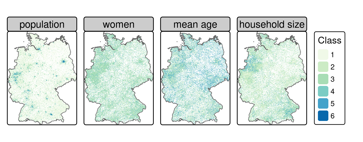 Gridded German census data of 2011 (see Table \@ref(tab:census-desc) for a description of the classes).