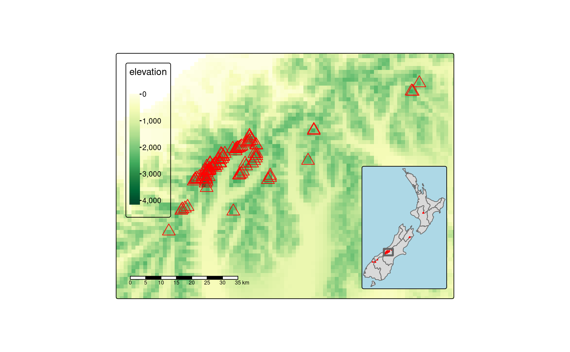 Inset map providing a context - location of the central part of the Southern Alps in New Zealand.